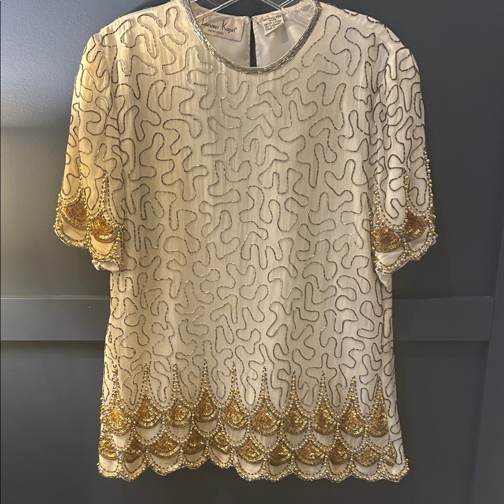 Laurence Kazar Ivory Beaded Short Sleeve Blouse with Gold Embellishment